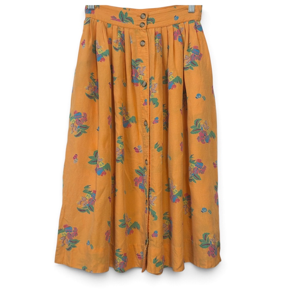 Chaus Vintage Style Orange Tropical Floral Button Front Midi Skirt size  8